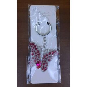 NIP Crystal Collection Pink Crystal Butterfly Silver Tone Keychain Backpack